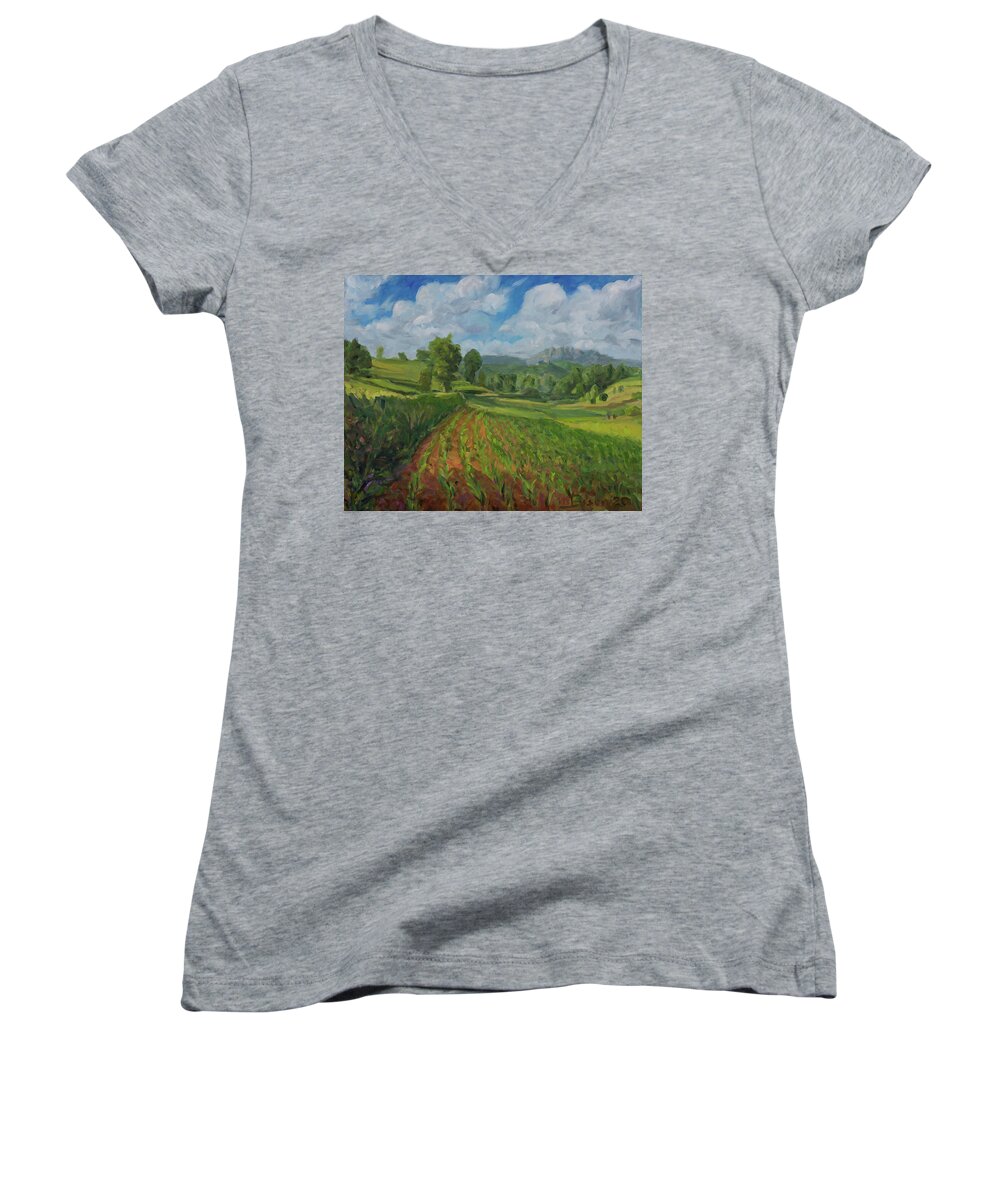 Green Women's V-Neck featuring the painting Sun and clound by Marco Busoni
