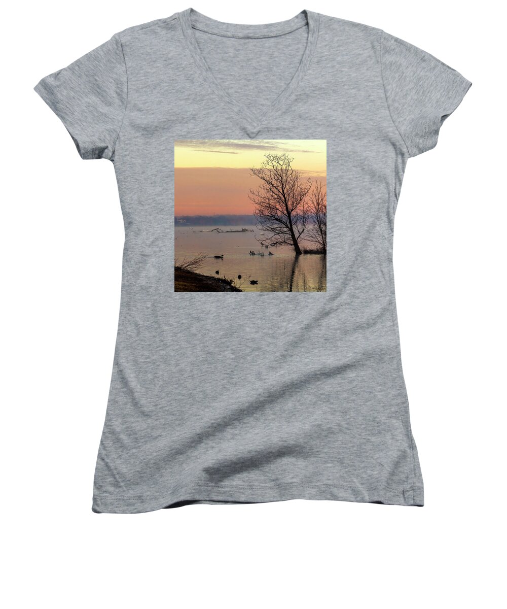Sunrise Women's V-Neck featuring the photograph Sunrise at White Rock Lake by Debby Richards