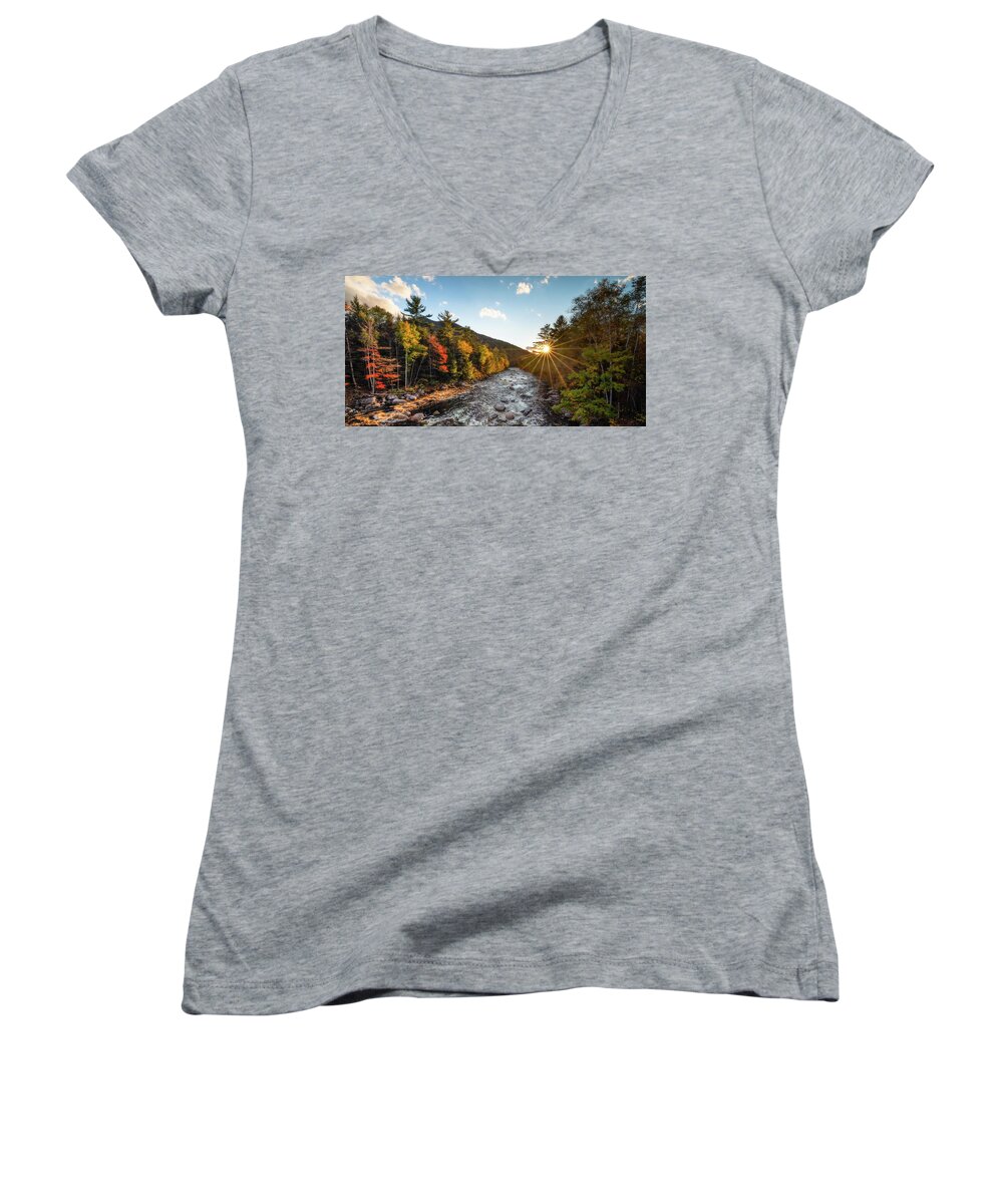 Sunrise Women's V-Neck featuring the photograph Sunrise over the East Branch Pemigewasset River by William Dickman