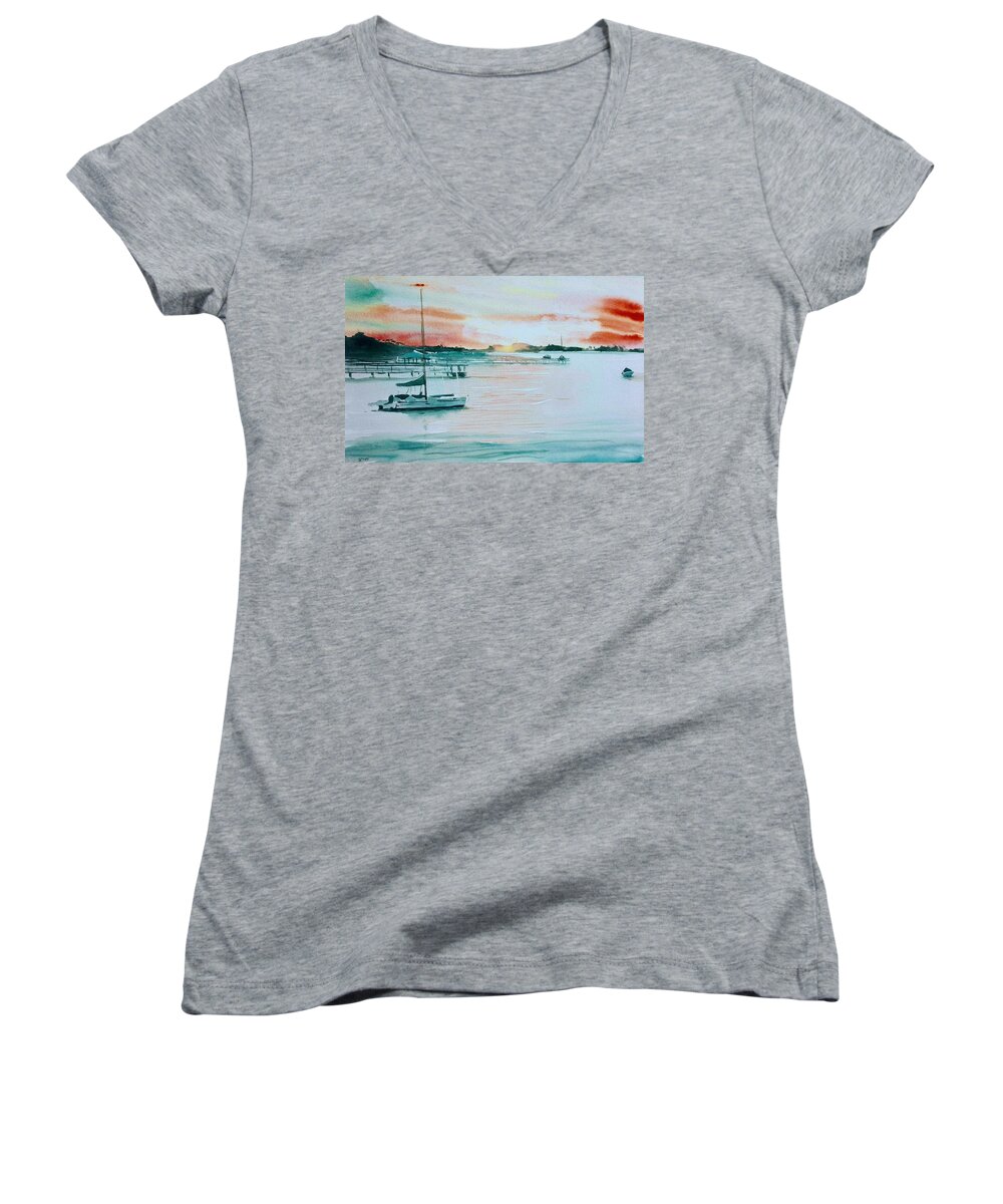 Boats Women's V-Neck featuring the painting Sunset Bay by Sandie Croft