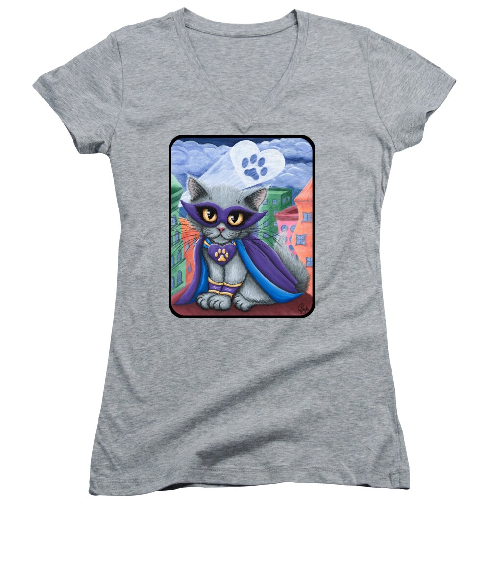 Supurrkitty - Super Hero Cat! She's Ready To Save The Day Wearing Her Adorable Purple Mask & Matching Cape! The Super Paw Symbol In The Sky Calls For Her Assistance! Women's V-Neck featuring the painting SupurrKitty - Super Hero Cat by Carrie Hawks
