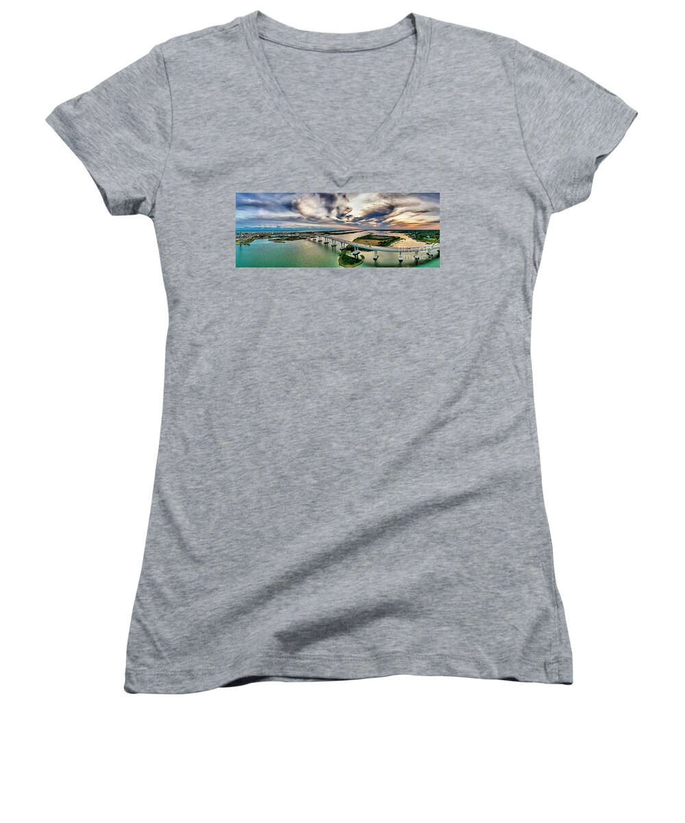 Sunset Women's V-Neck featuring the photograph Surf City Bridge by DJA Images