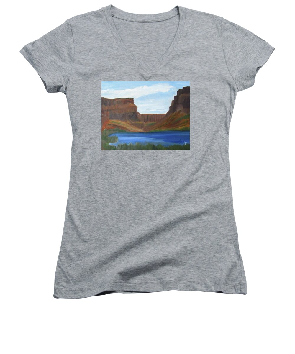 Butte Women's V-Neck featuring the painting Swan Falls Park by Linda Feinberg