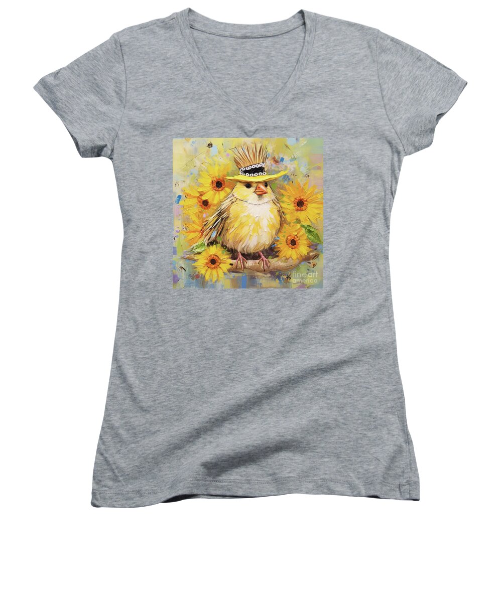 American Goldfinch Bird Women's V-Neck featuring the painting Sweet Little Goldfinch by Tina LeCour