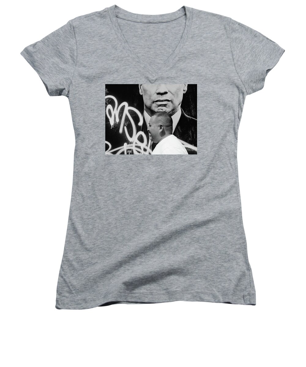 Street Photography Women's V-Neck featuring the photograph Take it on the chin by J C