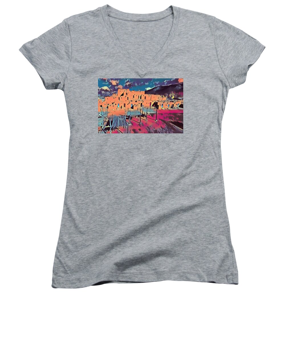 Native American Women's V-Neck featuring the digital art Taos Pueblo Sunset #1 by Aerial Santa Fe