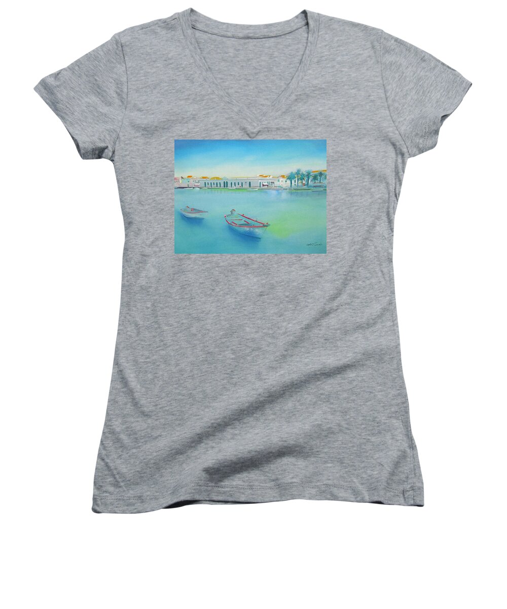 Boat Women's V-Neck featuring the painting Tavira Portugal the Old Market by Charles Stuart