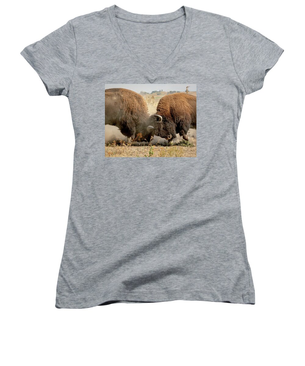 Buffalo Women's V-Neck featuring the photograph Test of Strength by Jack Bell