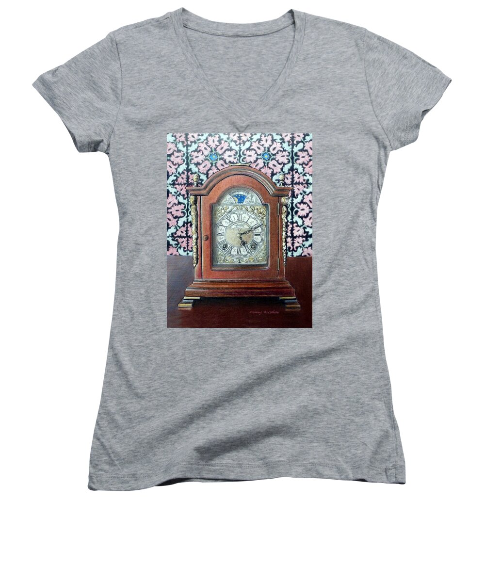 Clock Women's V-Neck featuring the painting The Clock on My Mantel by Constance DRESCHER