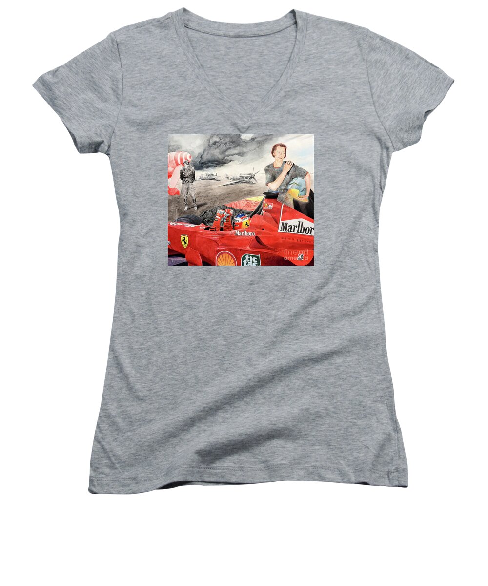 Michael Schumacher Women's V-Neck featuring the painting The Enigma of Erich Hartmann by Oleg Konin