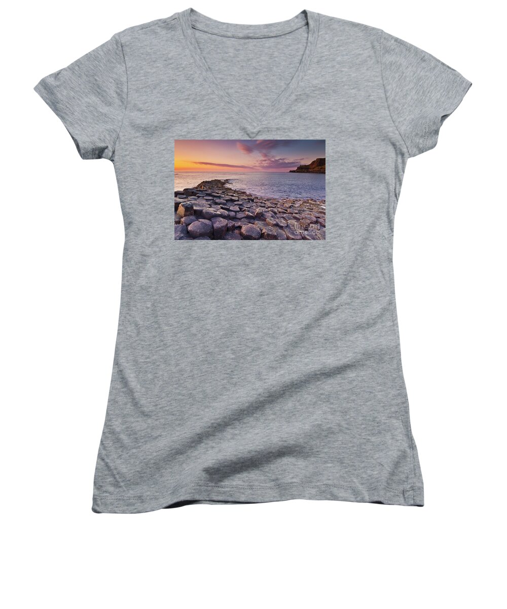 Giants Causeway Women's V-Neck featuring the photograph The Giants Causeway sunset, Northern Ireland by Neale And Judith Clark
