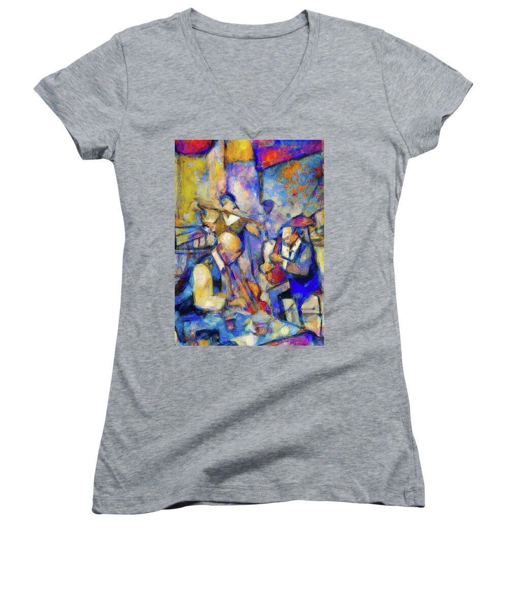 Jazz Band Women's V-Neck featuring the painting The Jazz Club by Richard Day
