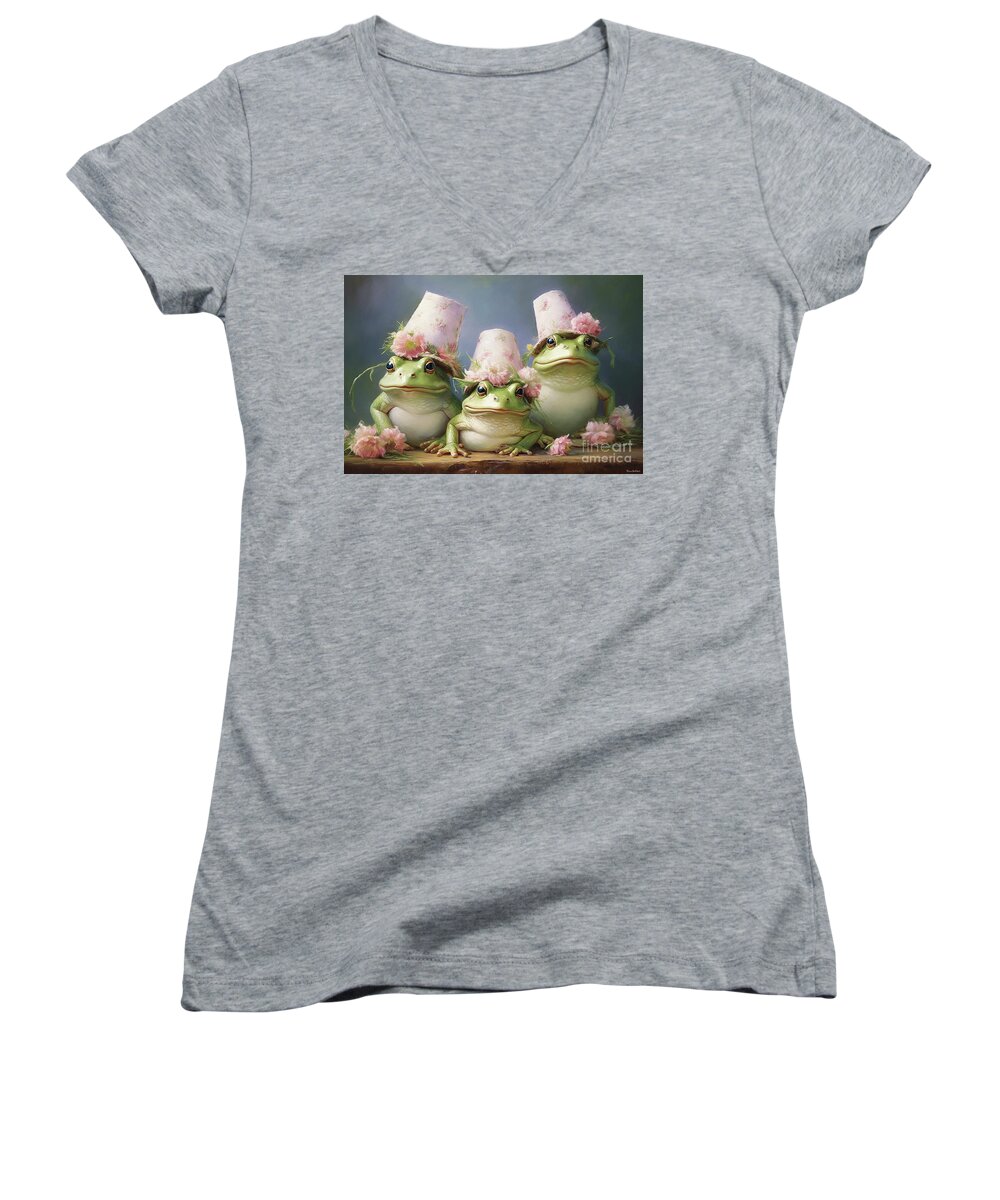 Frog Women's V-Neck featuring the painting The Ladies Bullfrog Garden Club by Tina LeCour