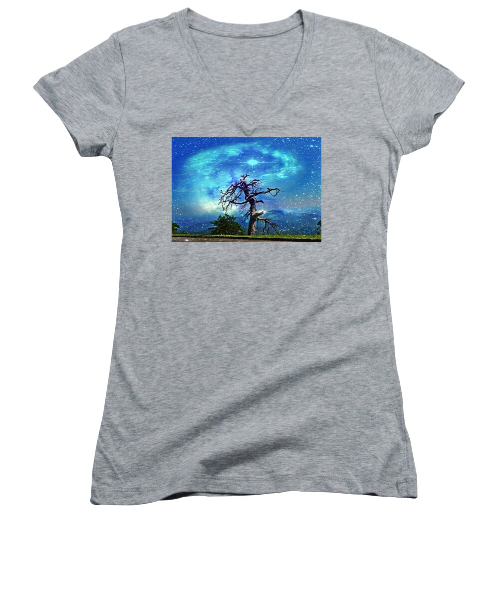 Fantasy Women's V-Neck featuring the mixed media The Survivor in the Galaxy by Stacie Siemsen