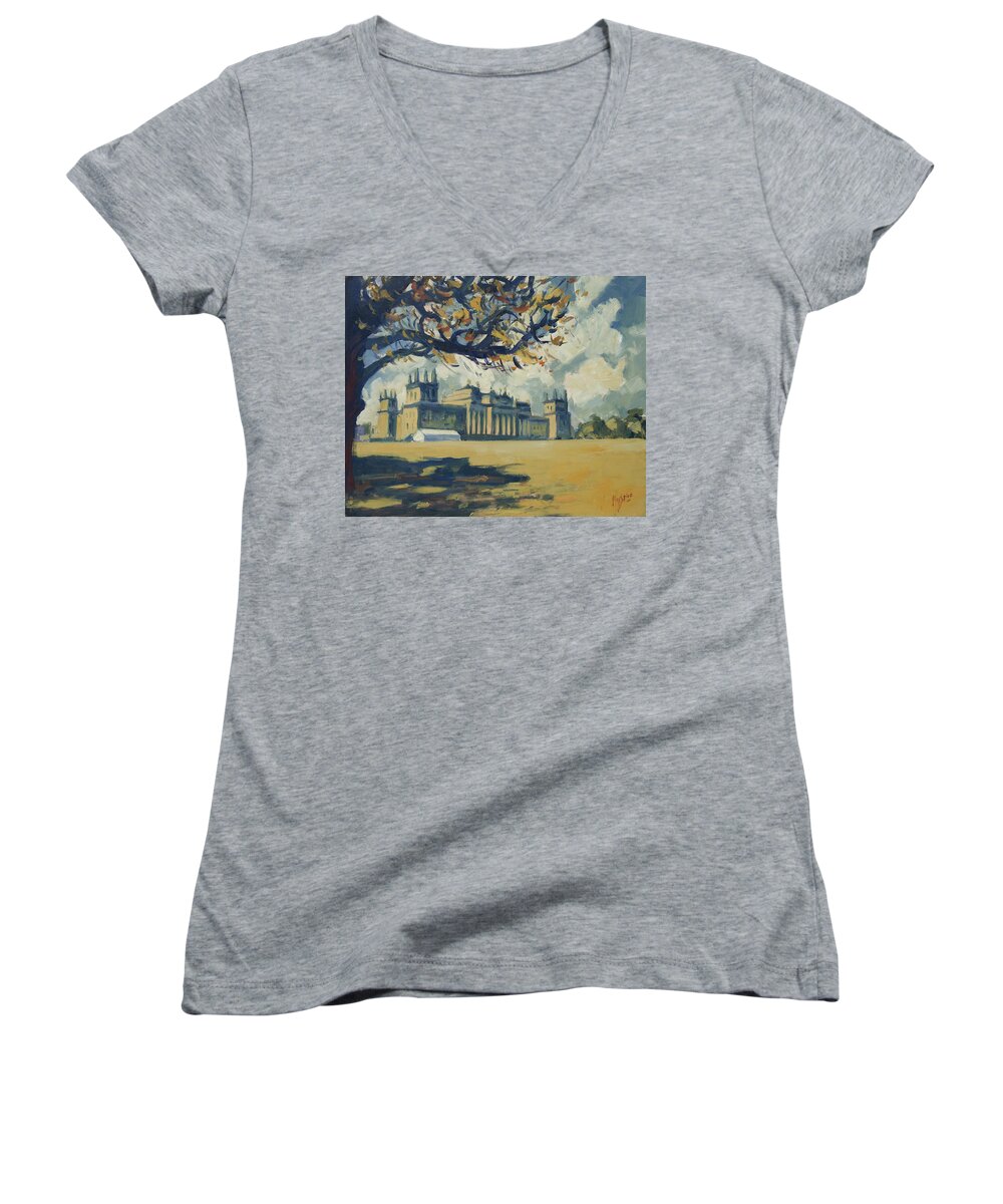 Blenheim Palace Women's V-Neck featuring the painting The white party tent along Blenheim Palace by Nop Briex