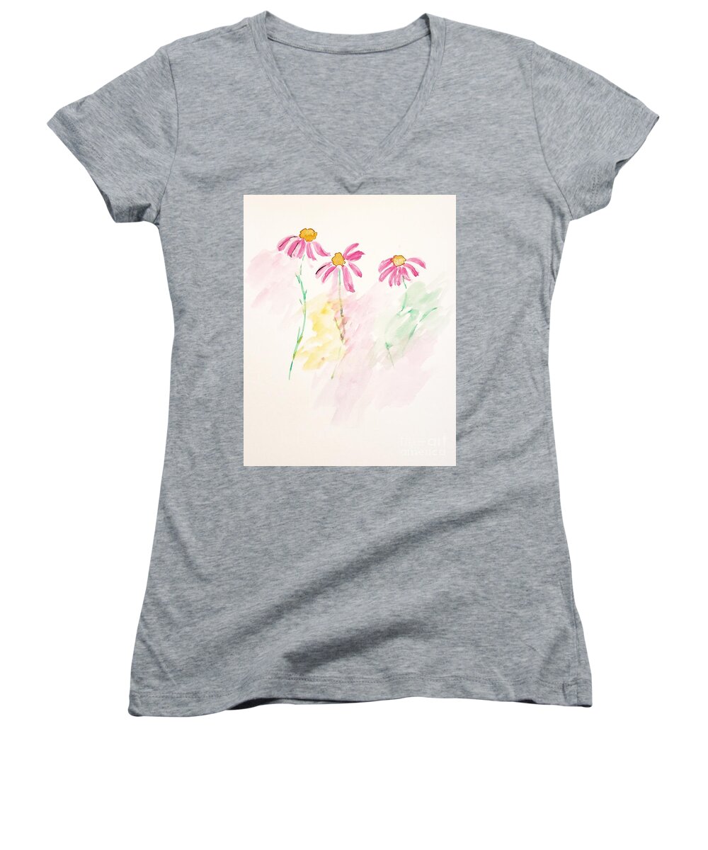  Women's V-Neck featuring the painting Three Coneflowers by Margaret Welsh Willowsilk