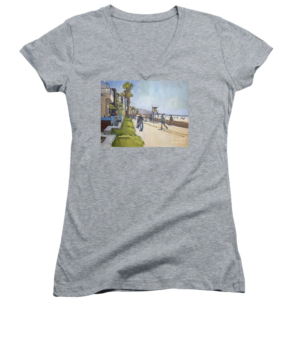 San Diego Women's V-Neck featuring the painting Lifeguard Tower 19 Along the Boardwalk - Mission Beach - San Diego, California by Paul Strahm