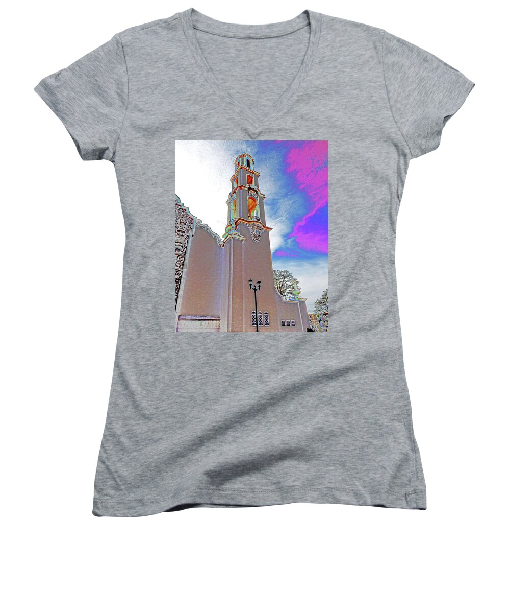 Church Women's V-Neck featuring the photograph Tower and Sky by Andrew Lawrence