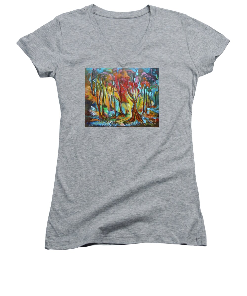 Abstract Women's V-Neck featuring the painting Trees by Jenny Lee