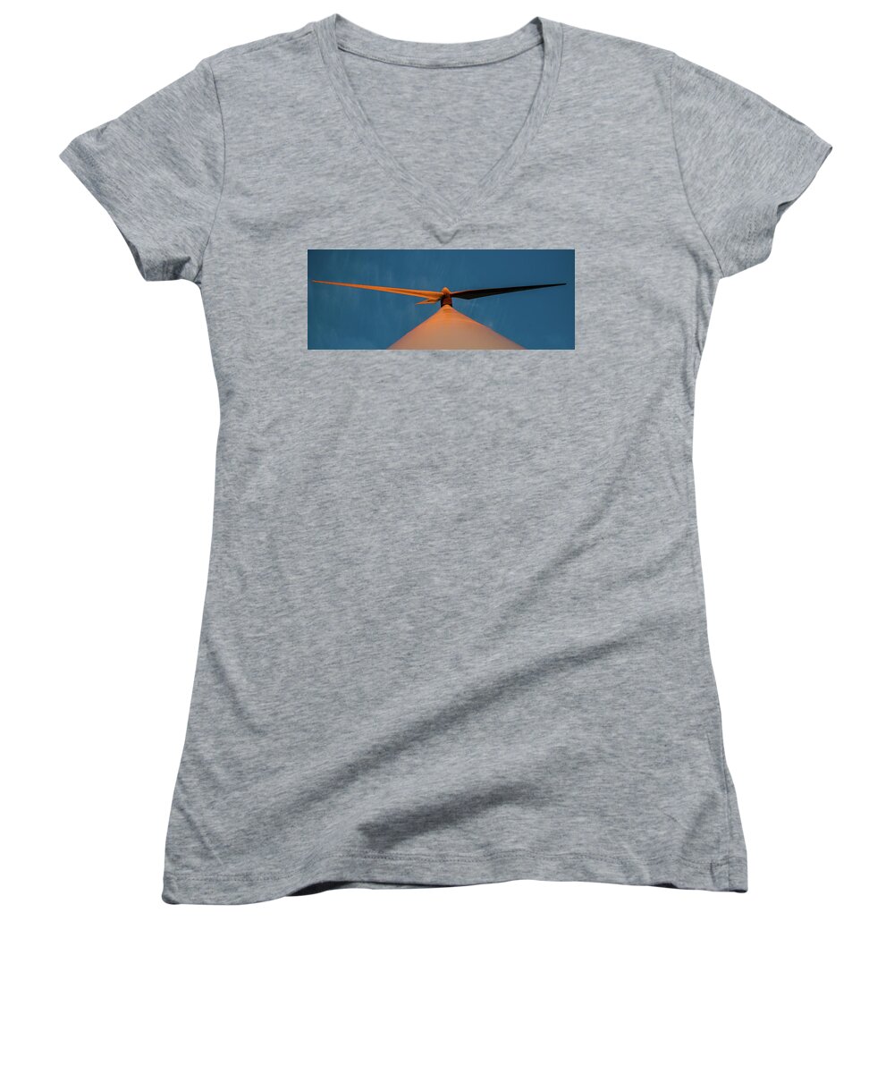 Turbine Women's V-Neck featuring the photograph Turbine blades at Sunset by Max Blinkhorn