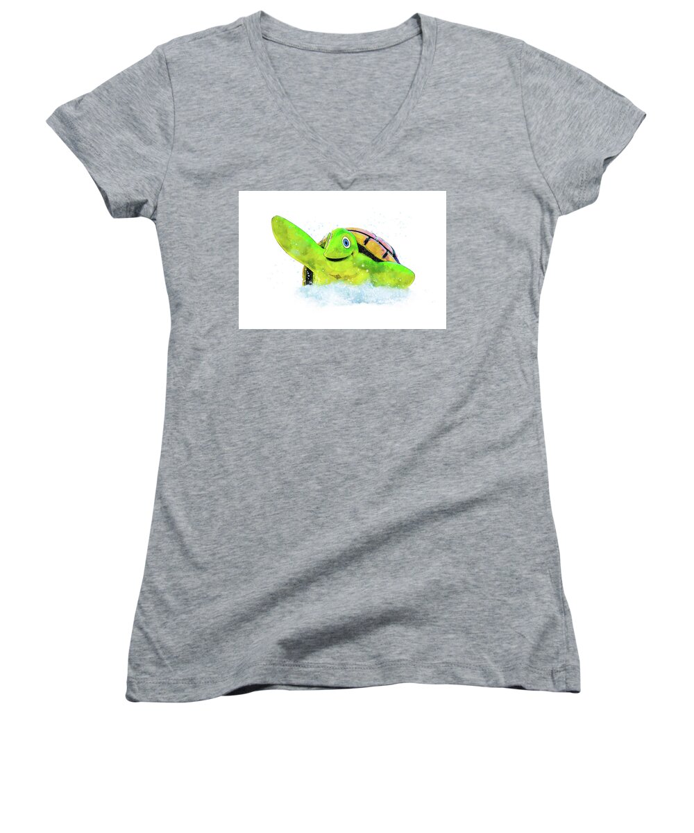 Sea Turtle Women's V-Neck featuring the mixed media Turtle Splash by Pamela Williams