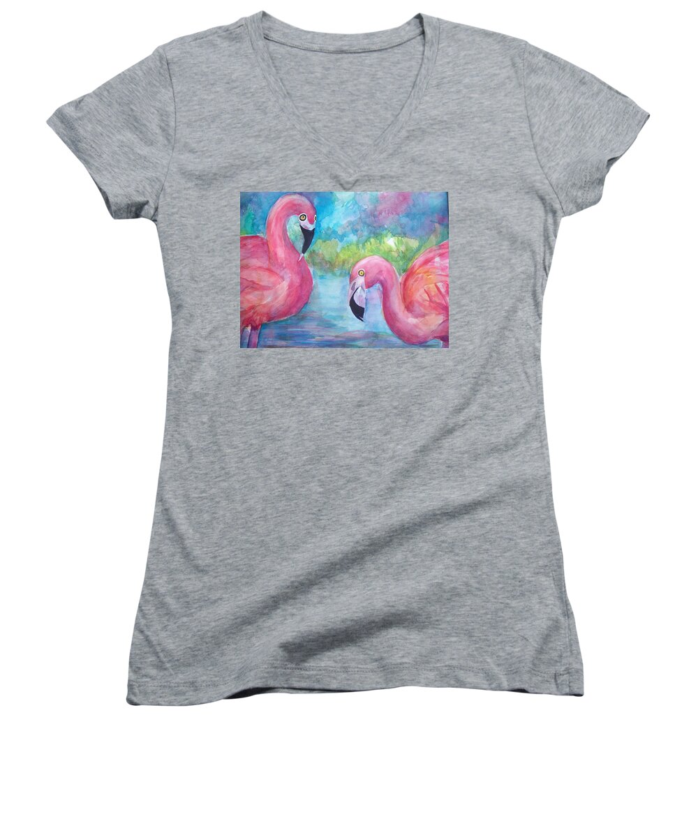 Flamingos Women's V-Neck featuring the painting Two Birds by Sandy Collier