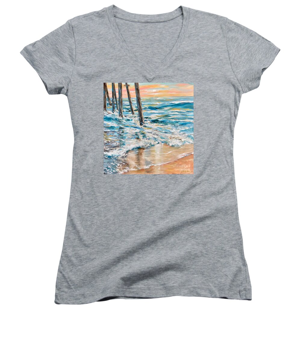 Water Women's V-Neck featuring the painting Under Pier by Linda Olsen