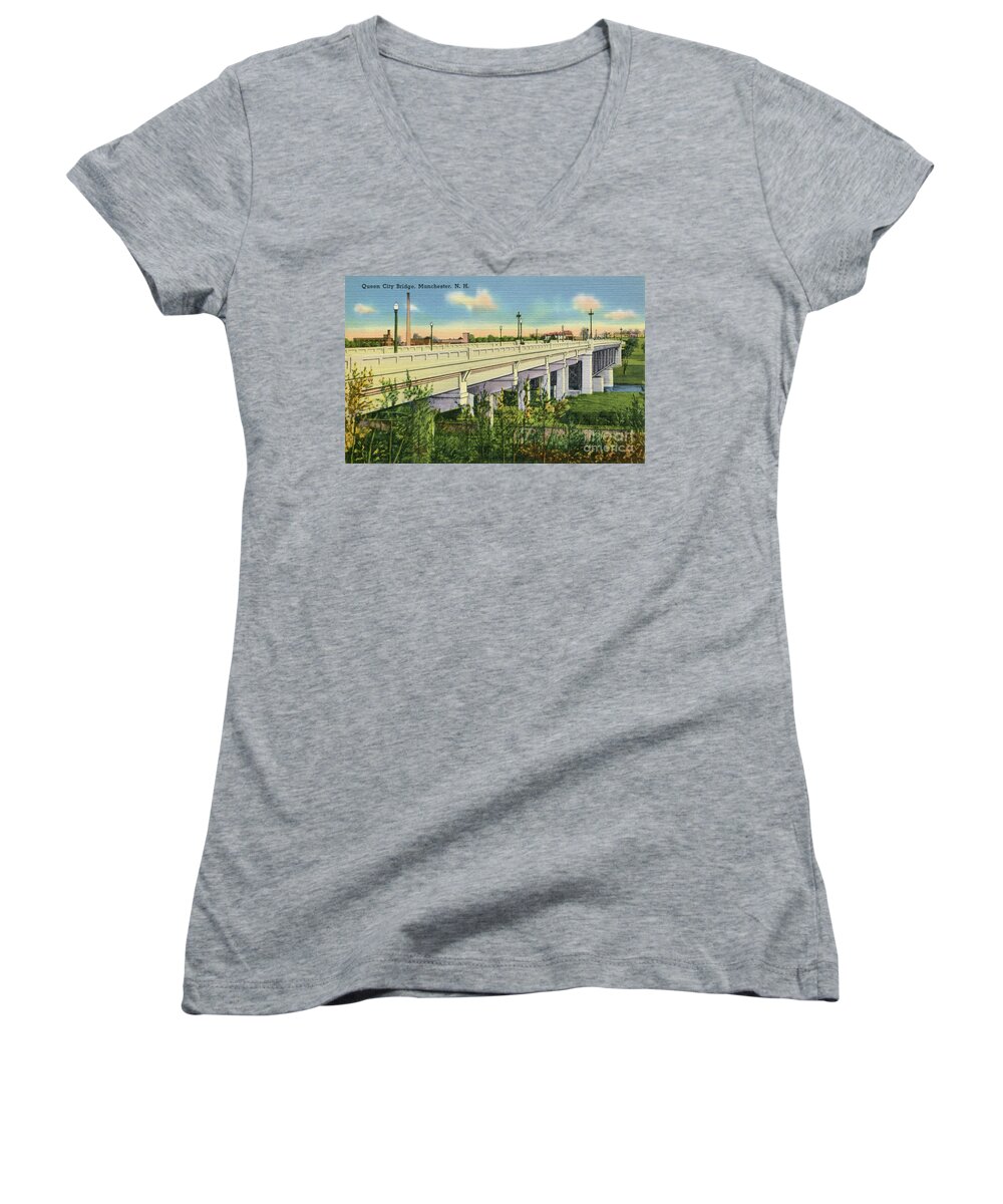Vintage Women's V-Neck featuring the photograph Vintage Queen City Bridge Manchester NH by Aapshop