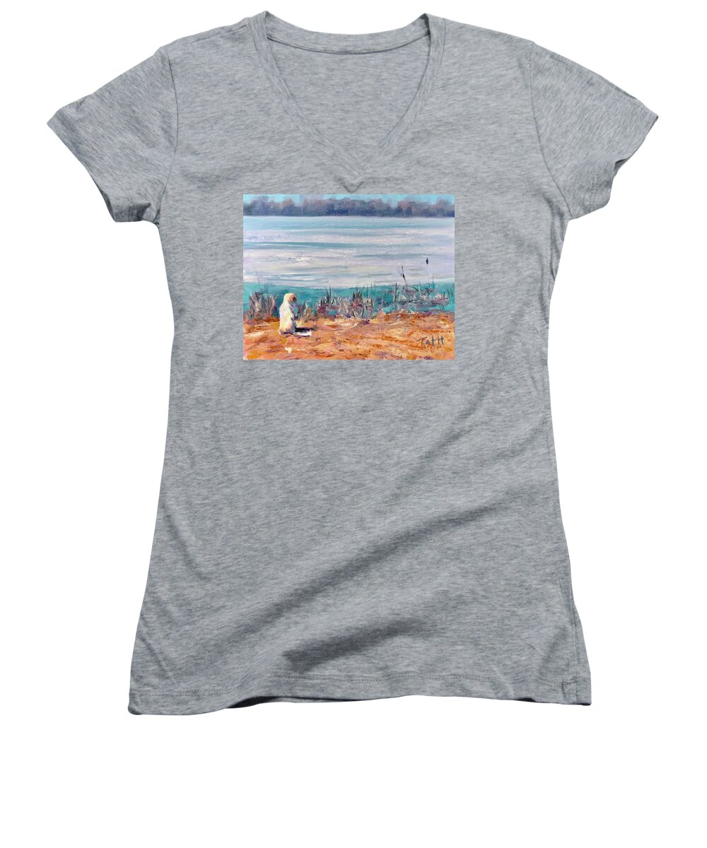 Lake Women's V-Neck featuring the painting Waiting for the Thaw by Laura Toth