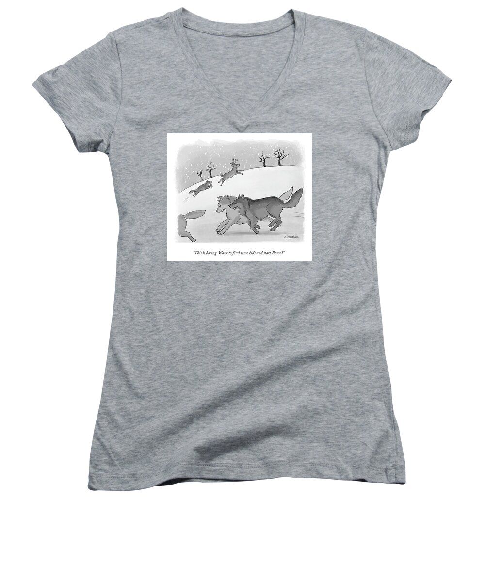 A22688 Women's V-Neck featuring the drawing Want to Find Some Kids and Start Rome? by Christine Mi