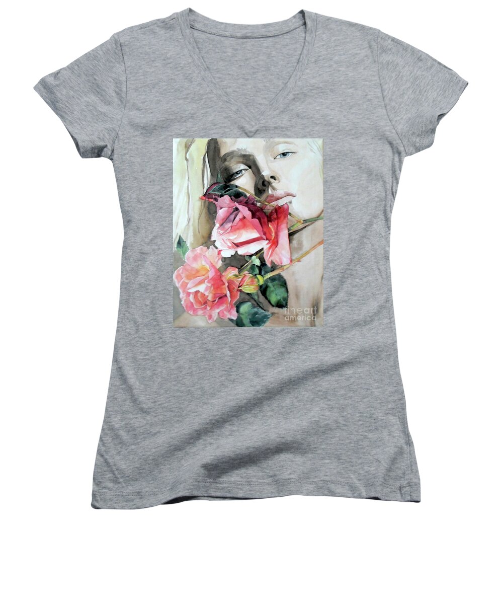 Watercolor Portrait Women's V-Neck featuring the painting Watercolor Portrait Painting of a Young Woman with Roses by Greta Corens