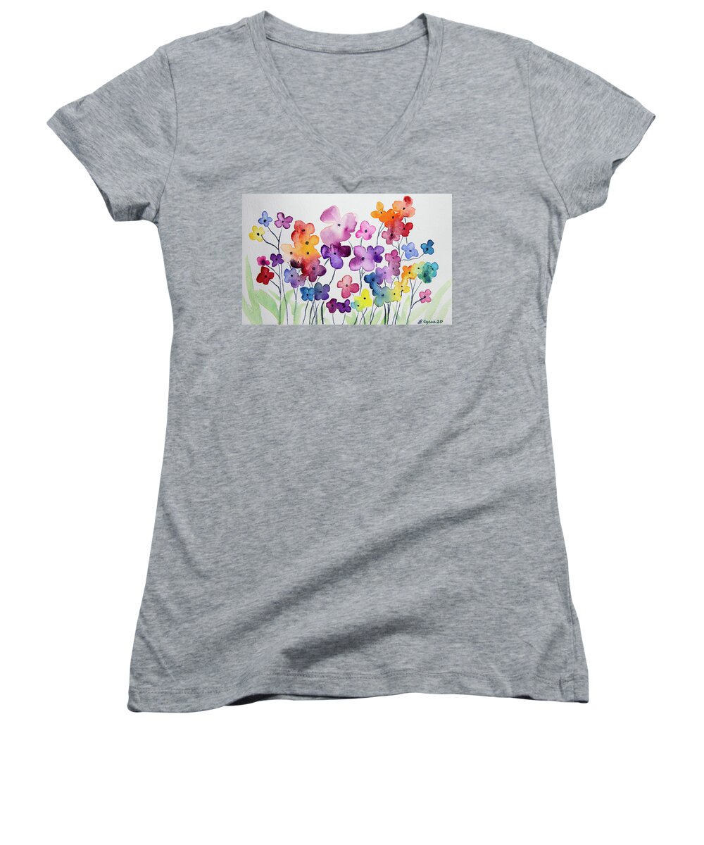 Whimsical Women's V-Neck featuring the painting Watercolor - Whimsical Flower Design by Cascade Colors