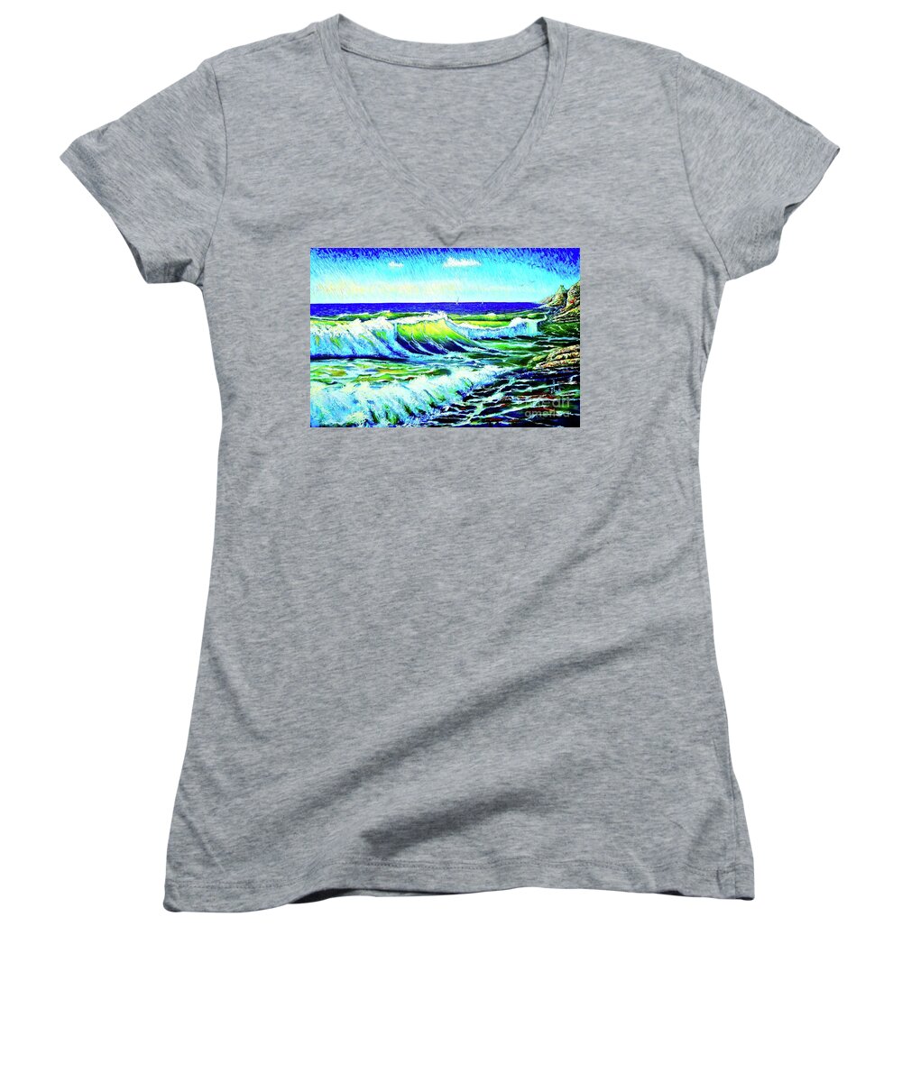 Wave Women's V-Neck featuring the painting Waves by Viktor Lazarev