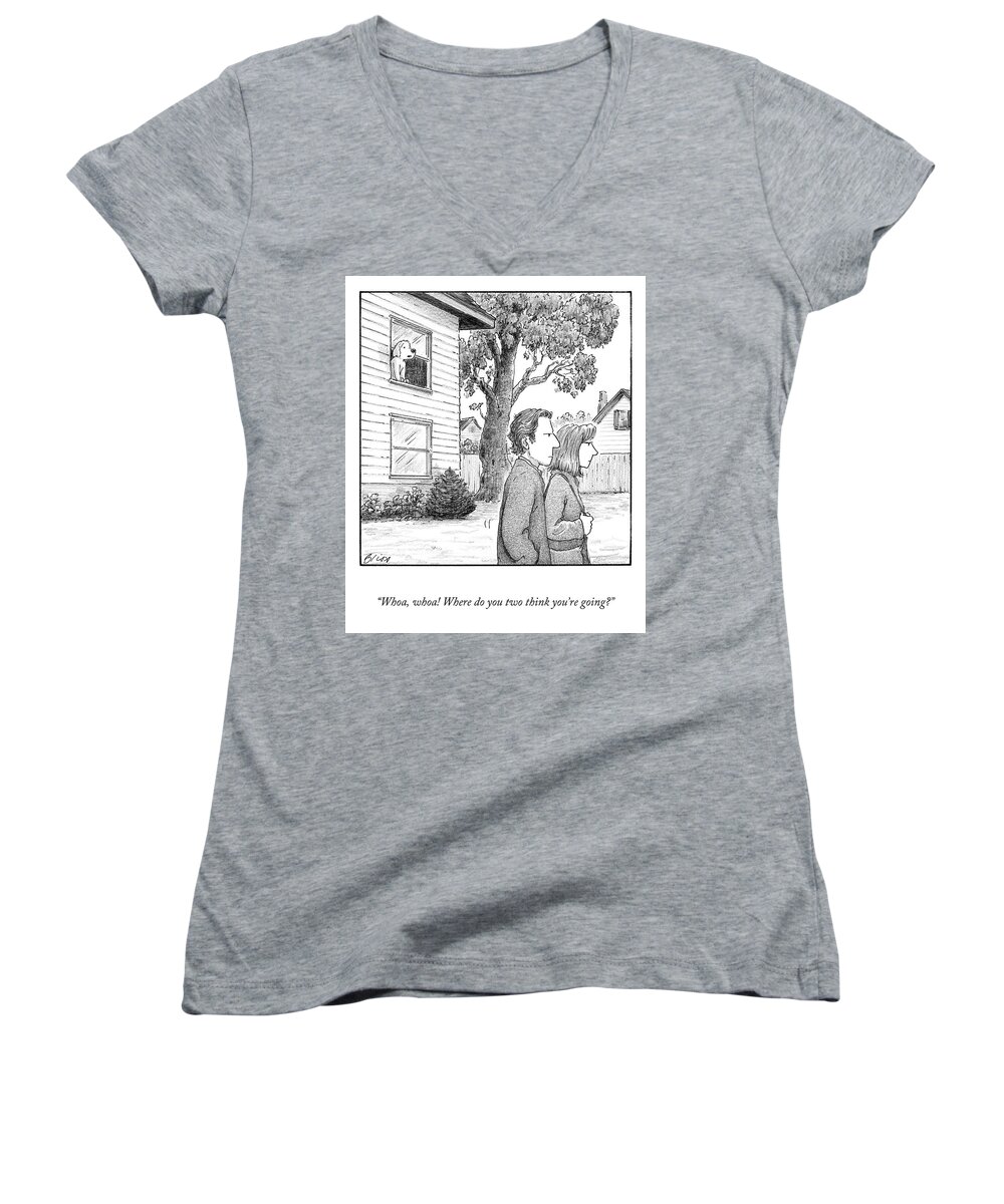 “whoa Women's V-Neck featuring the drawing Where do You Two Think You're Going? by Harry Bliss