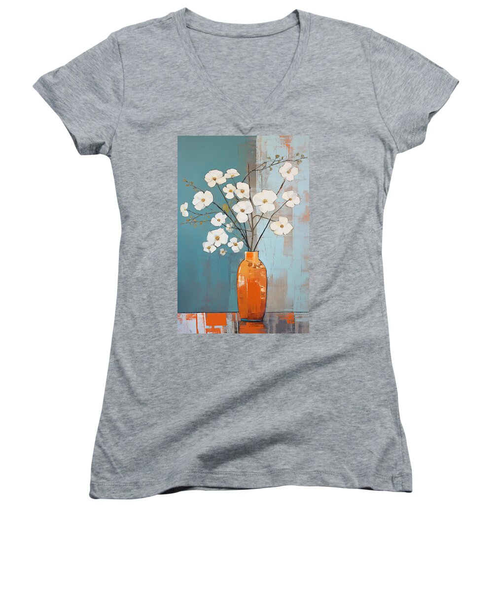 Flower Women's V-Neck featuring the painting White and Turquoise Floral Art by Lourry Legarde