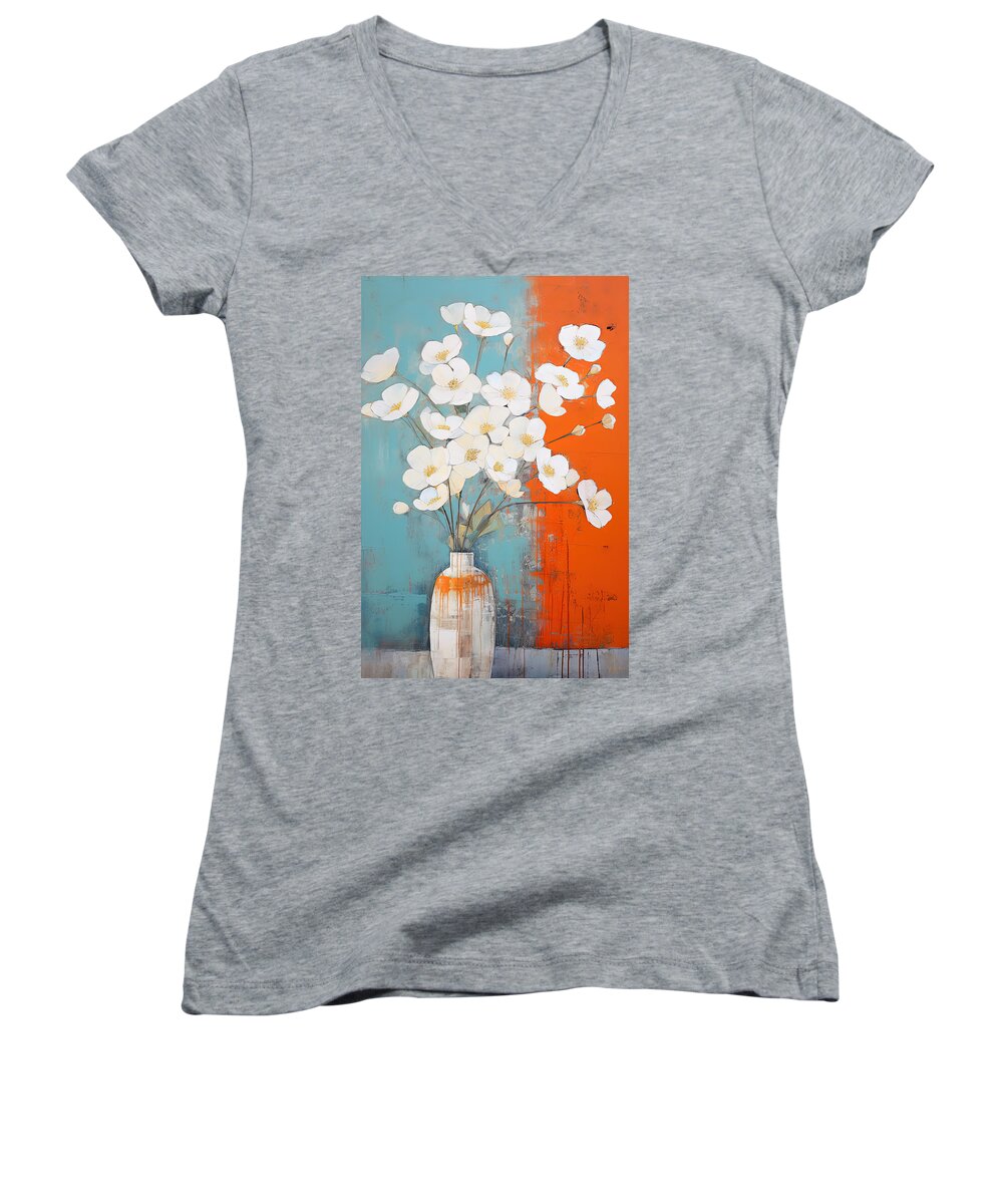 Burnt Orange Flowers Women's V-Neck featuring the painting White Flowers in Harmony with Orange and Blue - Blue and Orange Art by Lourry Legarde