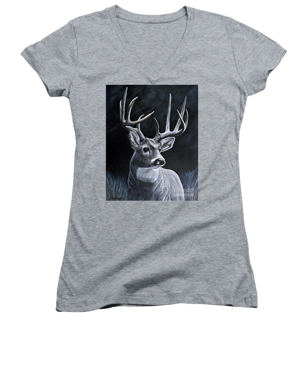 Whitetail Women's V-Neck featuring the painting Whitetail Buck In Moonlight by Pat Davidson