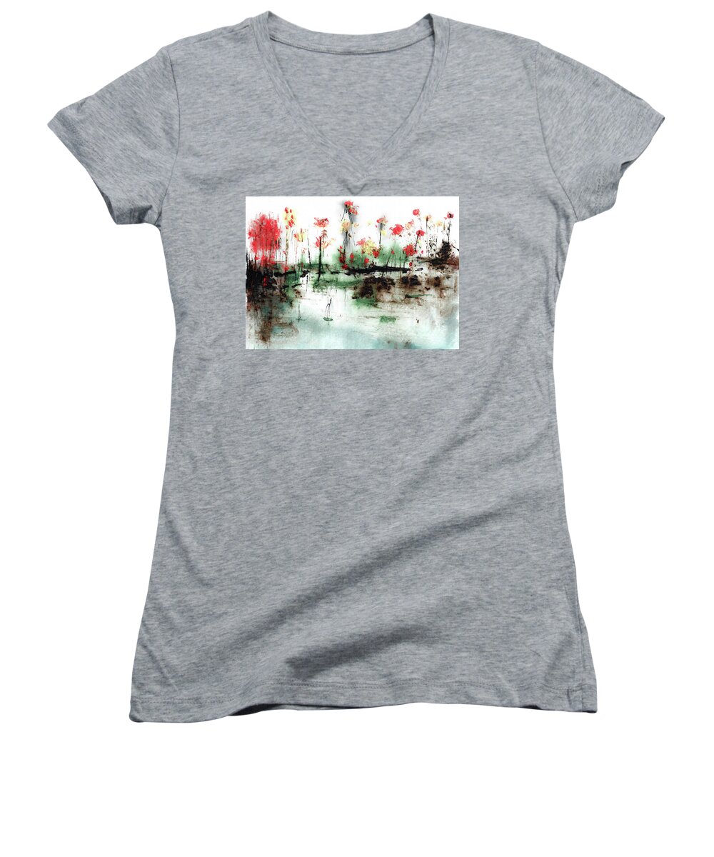 Pond Women's V-Neck featuring the digital art Wildflowers on Pond abstract 60620-1 by Richard Ortolano