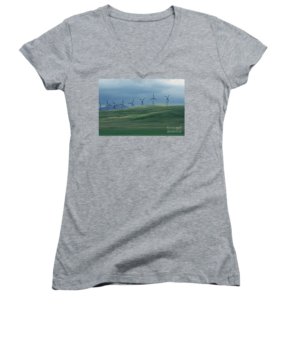 Wind Women's V-Neck featuring the photograph Wind Turbines by Mary Mikawoz