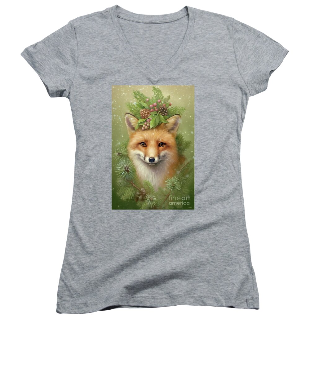 Fox Women's V-Neck featuring the painting Winter Fox by Tina LeCour