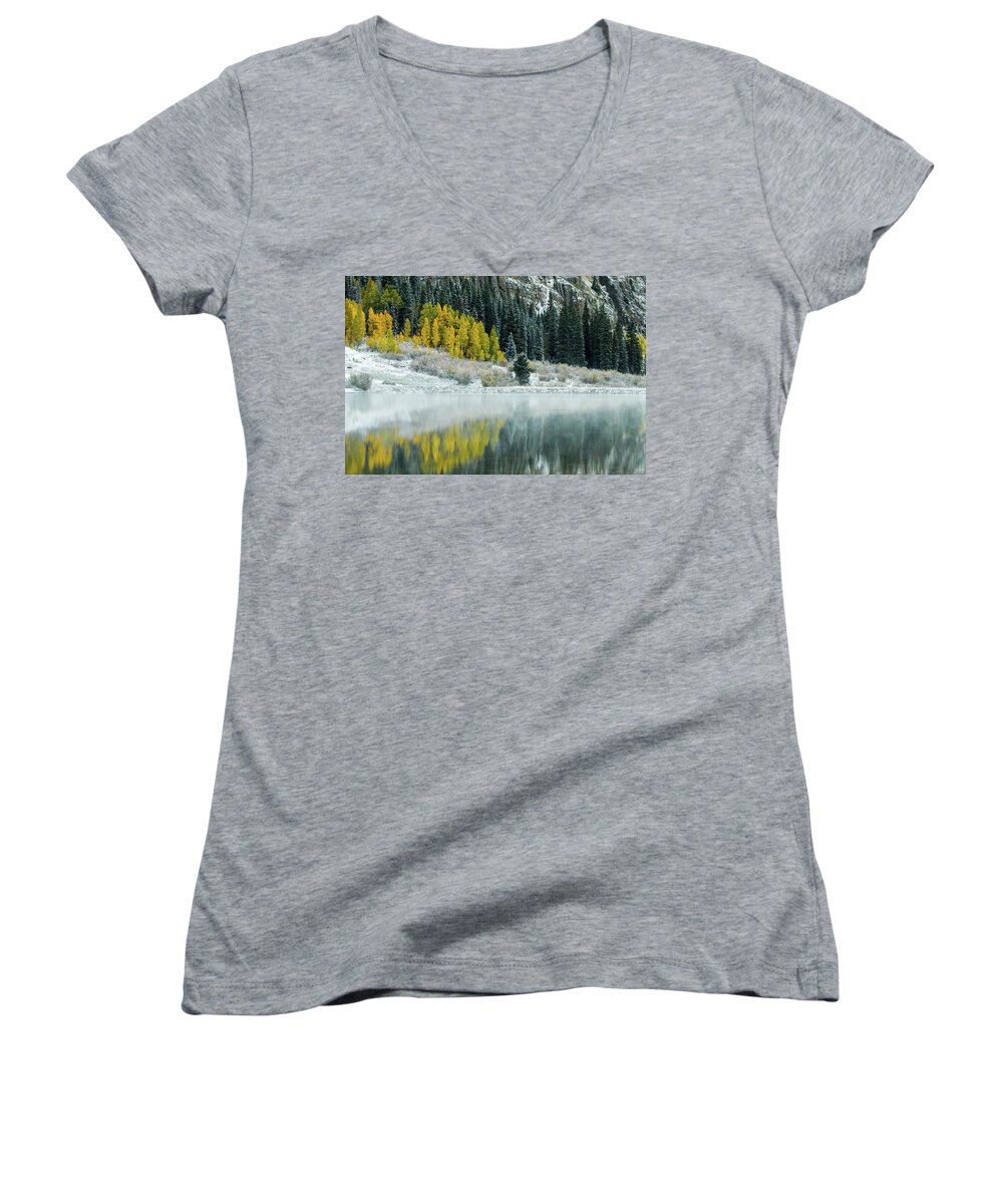 Winter Women's V-Neck featuring the photograph Winter Fresh Fall by Wesley Aston