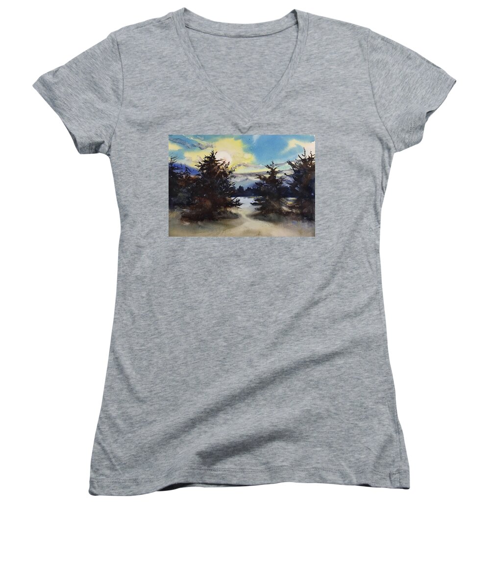 Landscape Women's V-Neck featuring the painting Winter Trees by Judith Levins