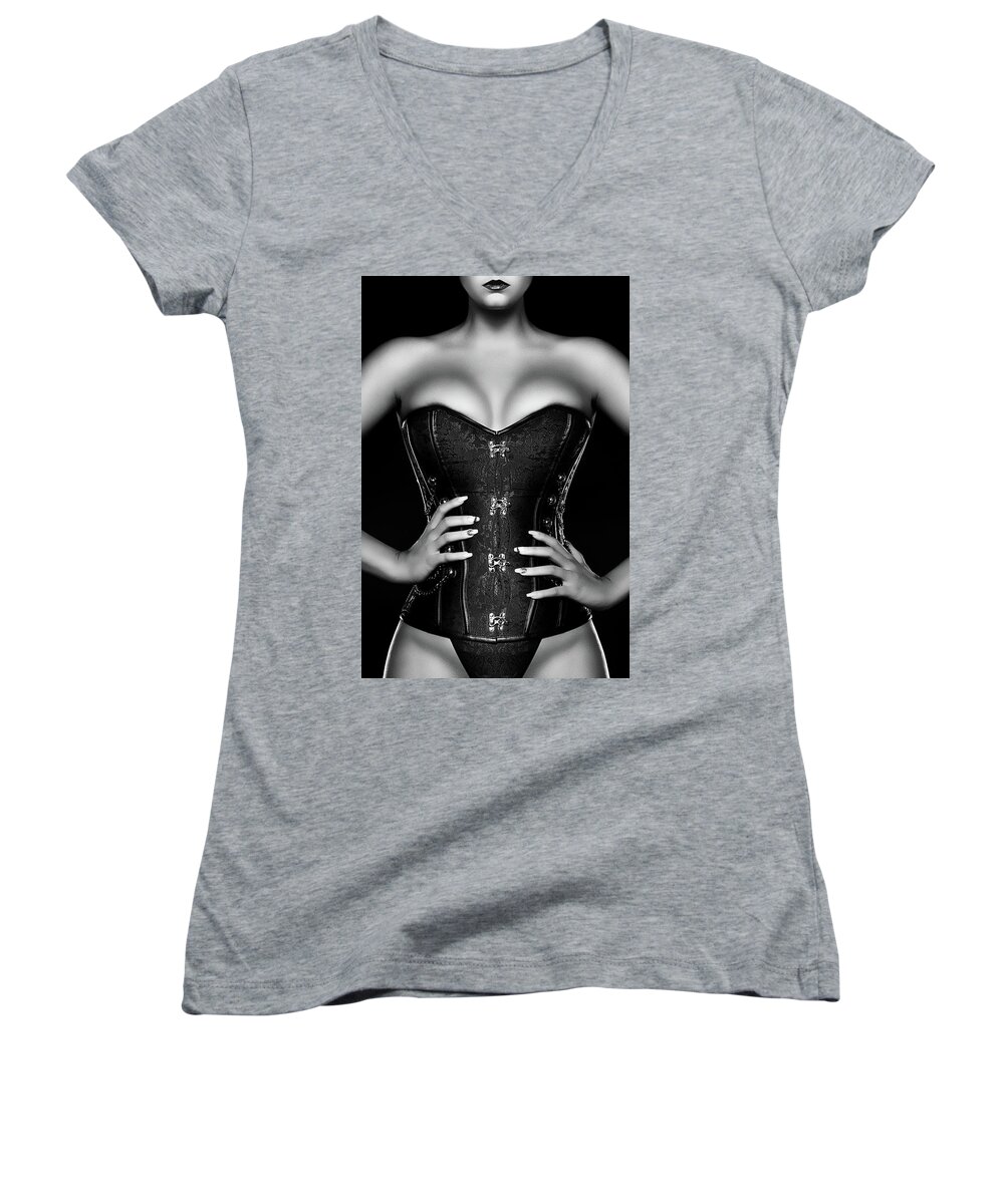 Woman Women's V-Neck featuring the photograph Woman wearing black corset by Johan Swanepoel