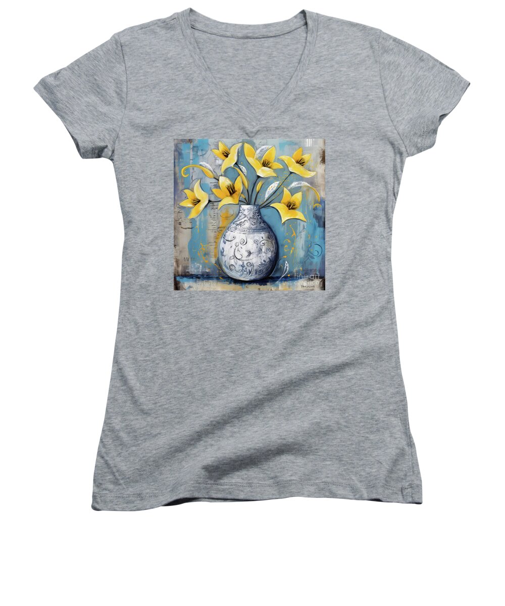 Calla Lily Women's V-Neck featuring the painting Yellow Calla Lily Flowers by Tina LeCour