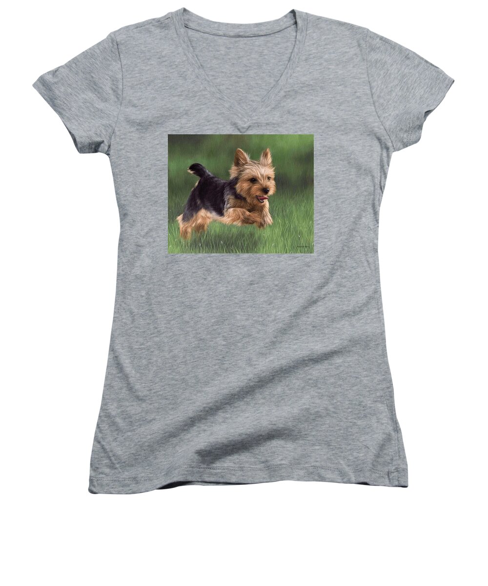 Dog Women's V-Neck featuring the painting Yorkshire Terrier Painting by Rachel Stribbling
