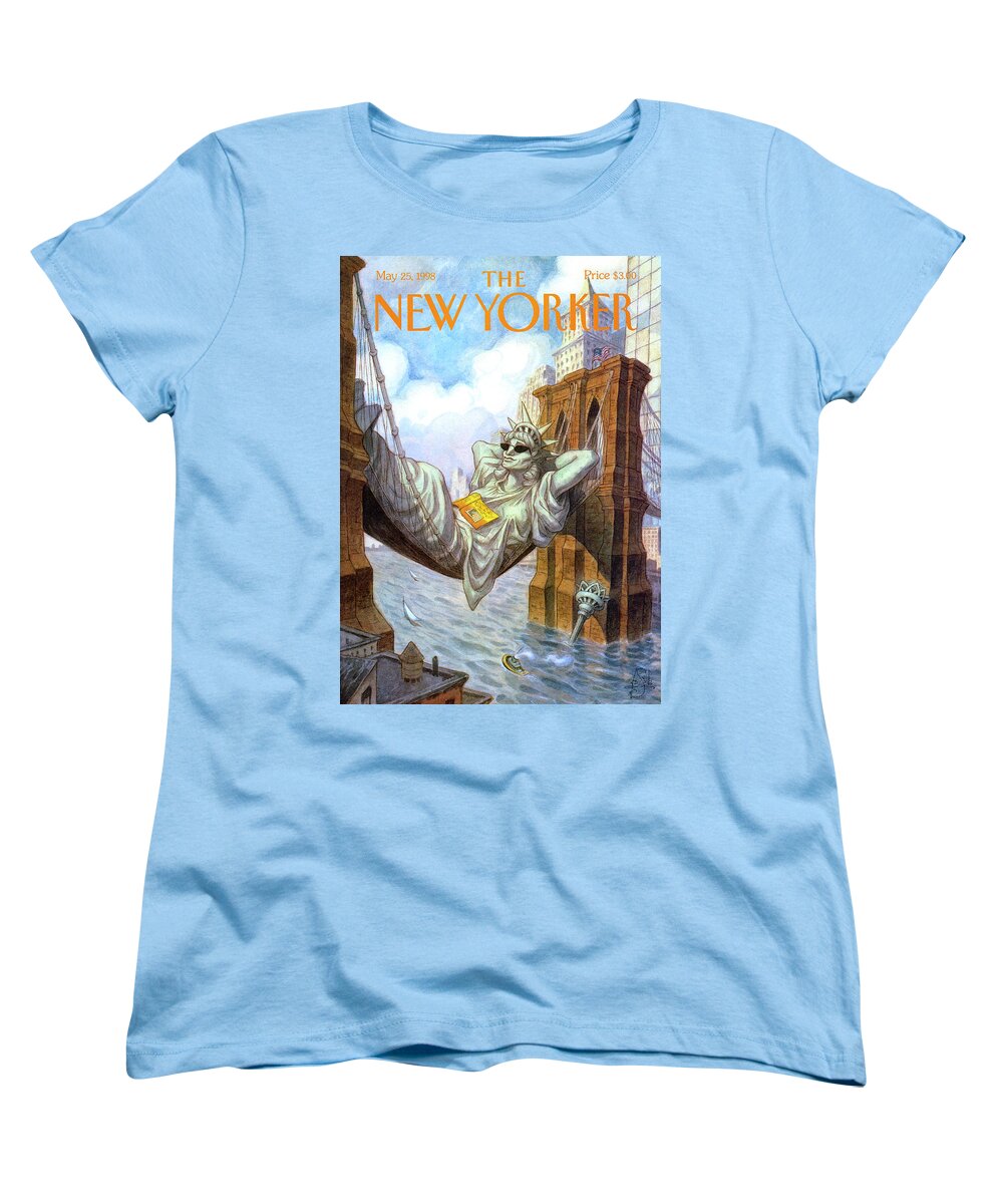 Liberty Women's T-Shirt (Standard Fit) featuring the painting Statue Of Liberty Lounges Between The Brooklyn by Peter de Seve