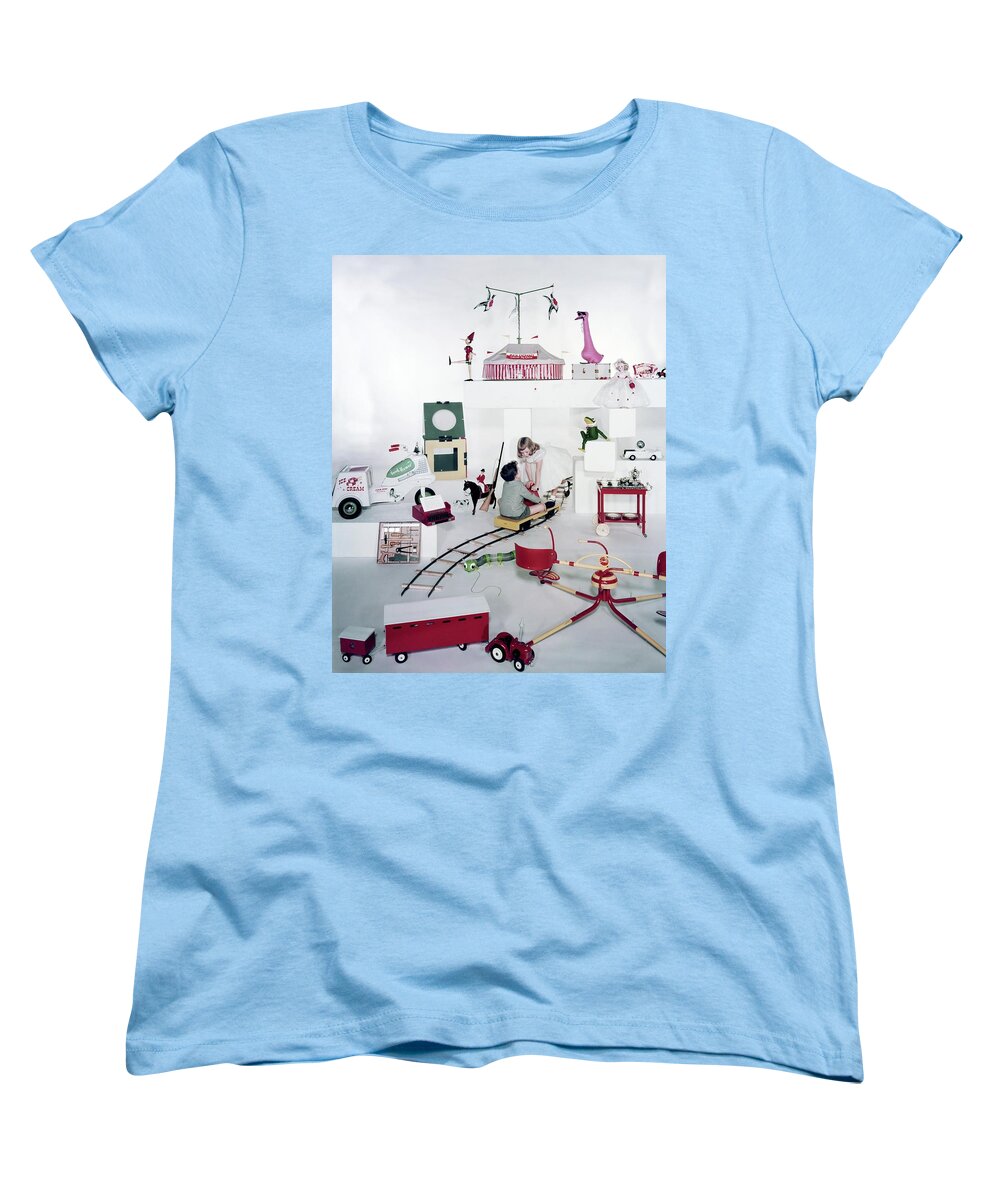 Studio Shot Women's T-Shirt (Standard Fit) featuring the photograph Two Children Playing With Vintage Toys by Bruce Knight