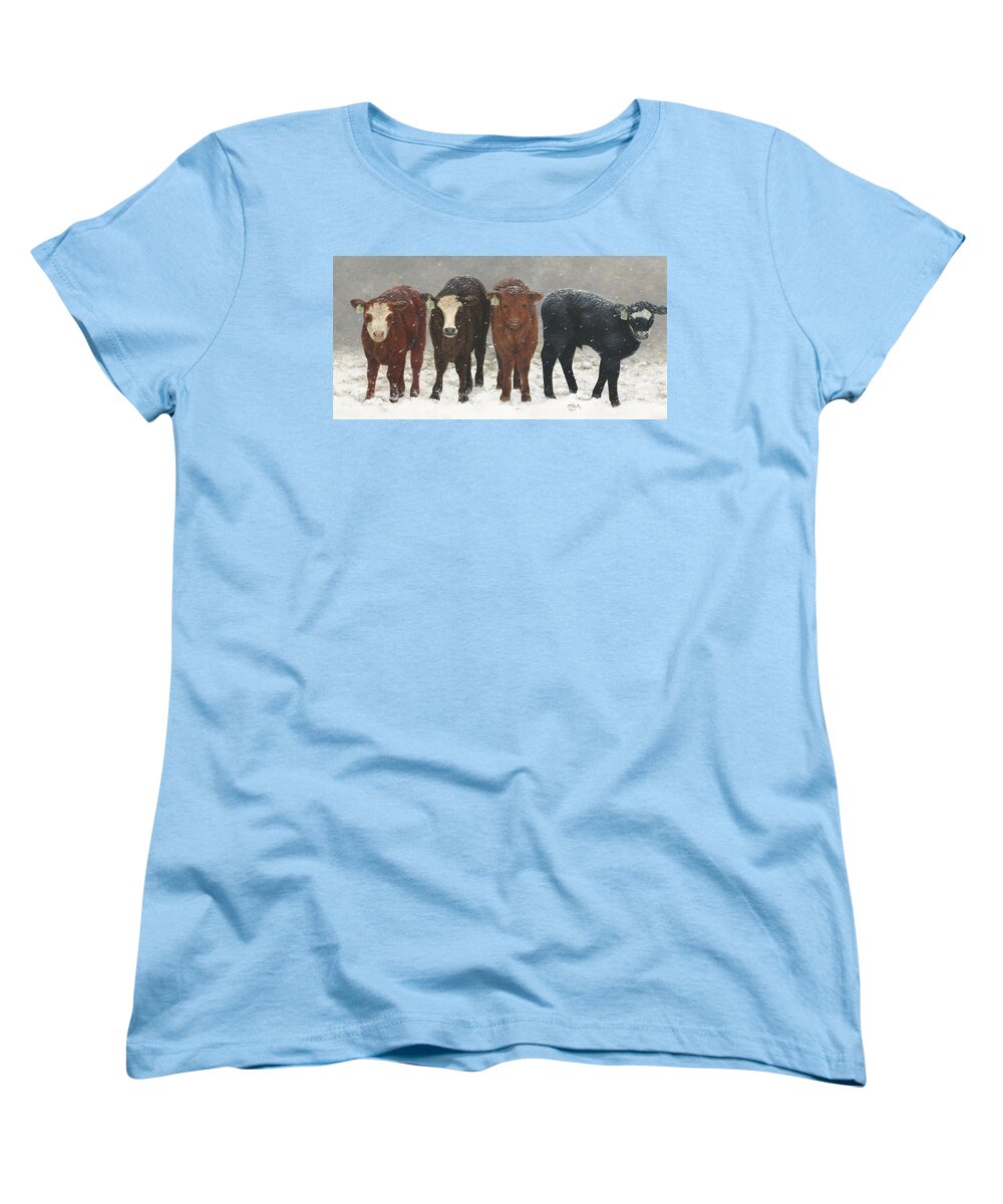 Calves In Winter Women's T-Shirt (Standard Fit) featuring the painting Inquisitive Calves by Tammy Taylor