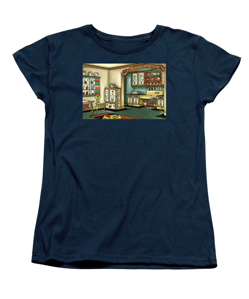 Dining Room Women's T-Shirt (Standard Fit) featuring the digital art Illustration Of A Colorful Swedish Kitchen by Laurence Guetthoff