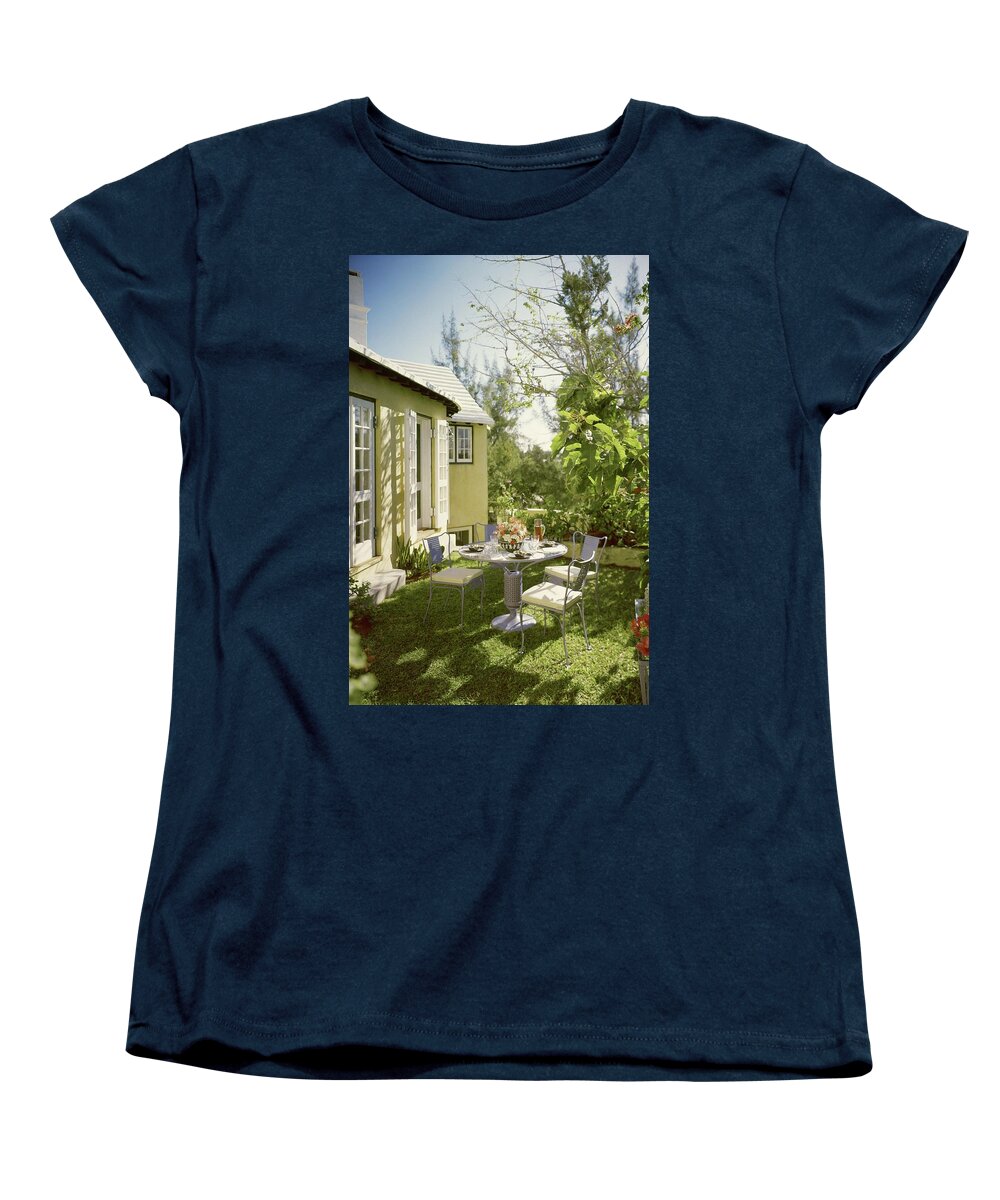Garden Women's T-Shirt (Standard Fit) featuring the photograph Outdoor Furniture At Shoreland House by Tom Leonard